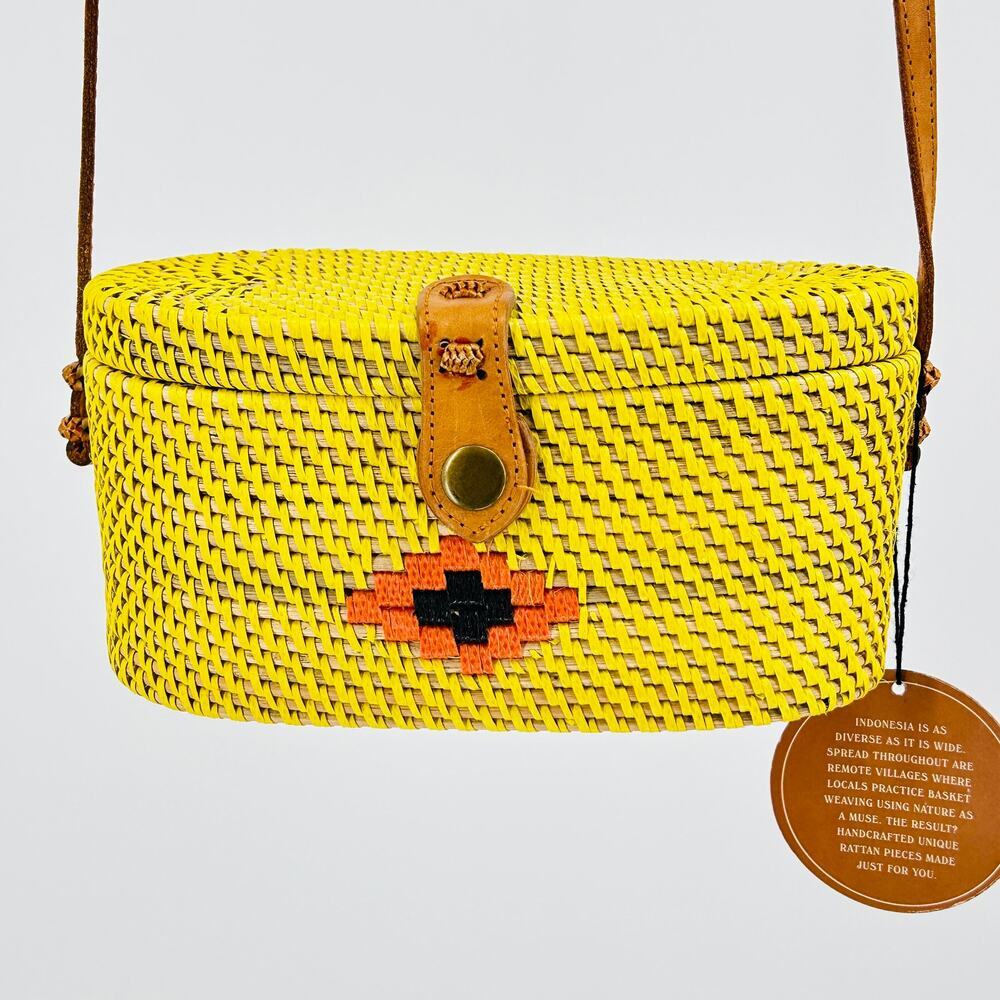 NWT Handcrafted Indonesian Rattan Yellow Leather Strap Geometric Basket Bag